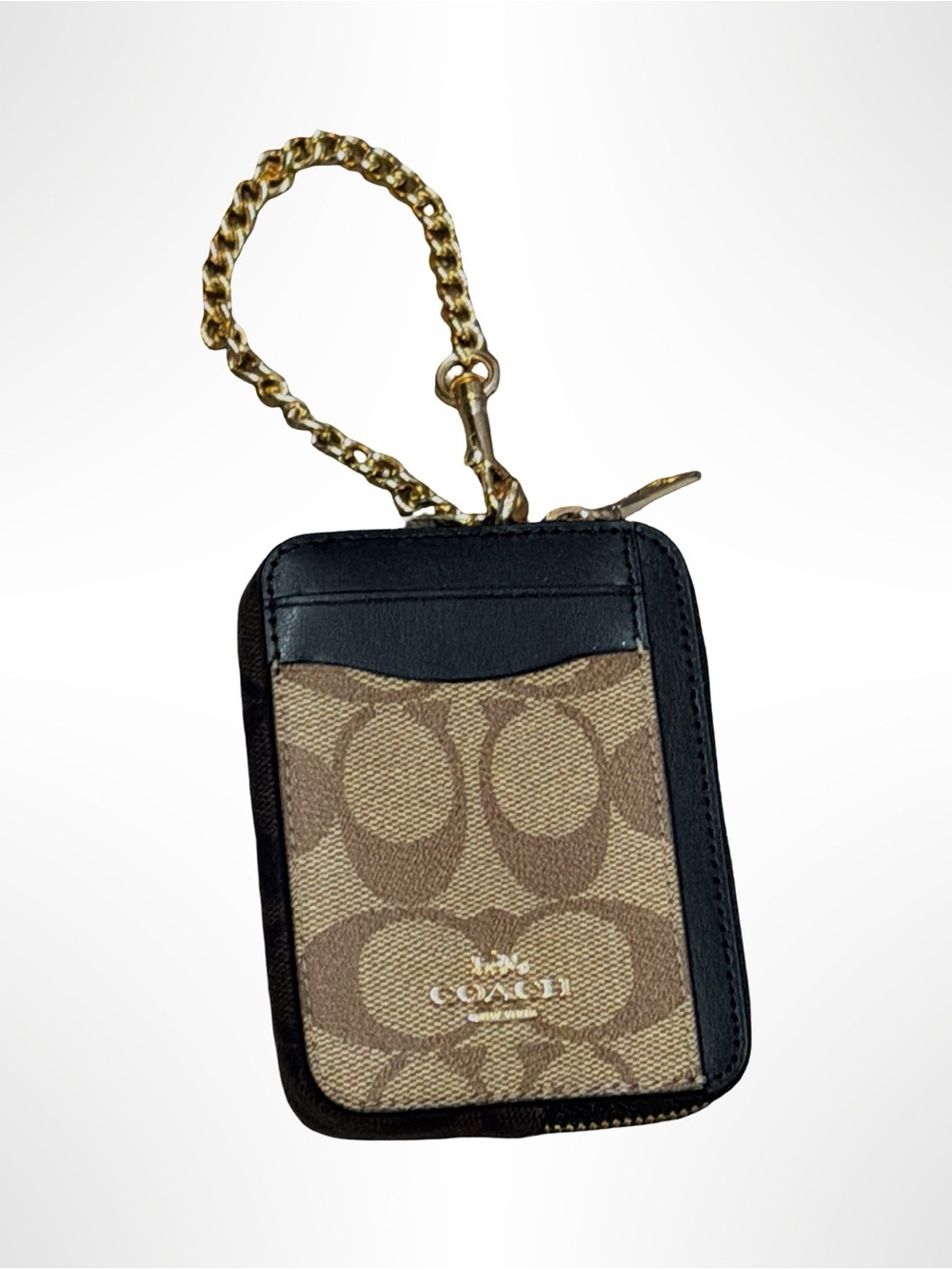 NWT COACH Signature Card Case with Gold Chain - Black/Brown/Khaki